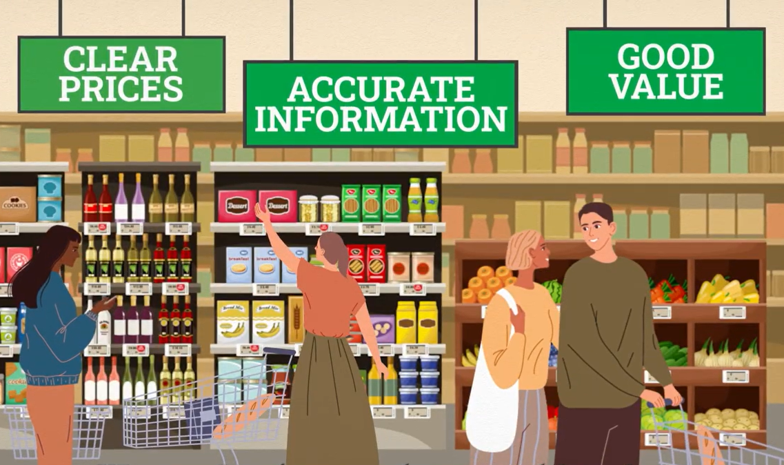 Digitial Shelf Labels Video in grocery with signs Clear Prices, Accurate Information and Good Value