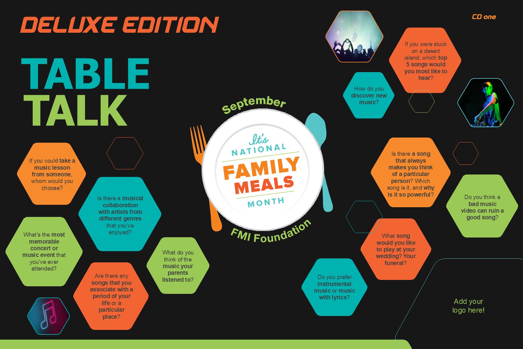 Music Table Talk Placemat (Deluxe Version) with music-related pictures and discussion prompts in hexagons around the placemat