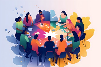 Diverse people around a table graphic