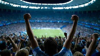 Fan raising arms at soccer match