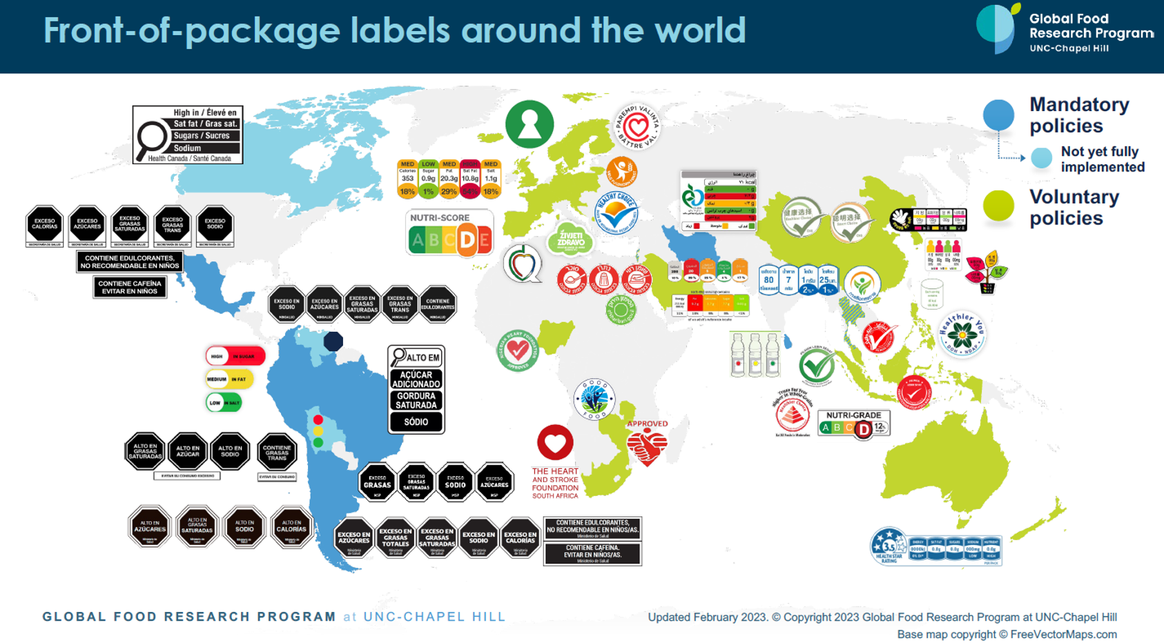front of package labels around the world map