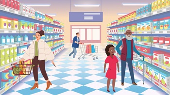 people in beverage aisle graphic