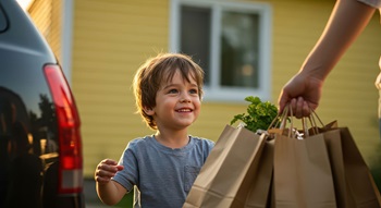 boy getting groceries near car