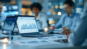 Workers in office looking at bar chart data