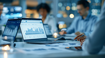 Workers in office looking at bar chart data