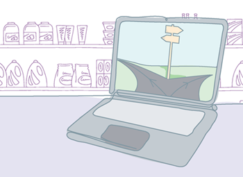Illustration of laptop with an image of a crossroads. Grocery store aisle in background