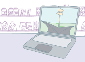 Illustration of laptop with an image of a crossroads. Grocery store aisle in background