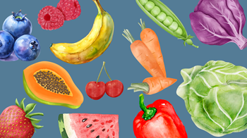 graphics of fruit on blue background