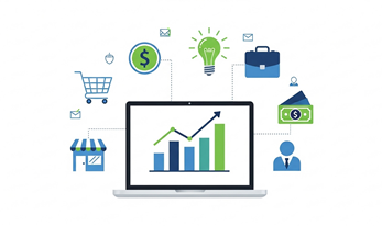 Illustration of a computer screen with lines connecting to a store icon, shopping cart, money, light bulb and person.
