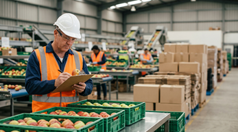 Man with clipboard processing apple shipment