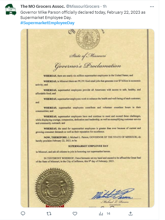 Supermarket Employee Day Social Media Post of Missouri State Proclamation 