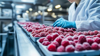 Worker sorting raspberries