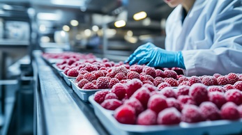 Worker sorting raspberries