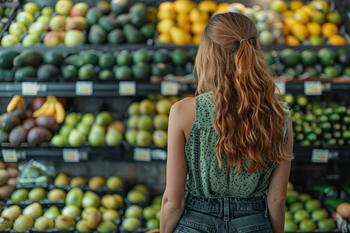 Woman in grocery store looking at produce