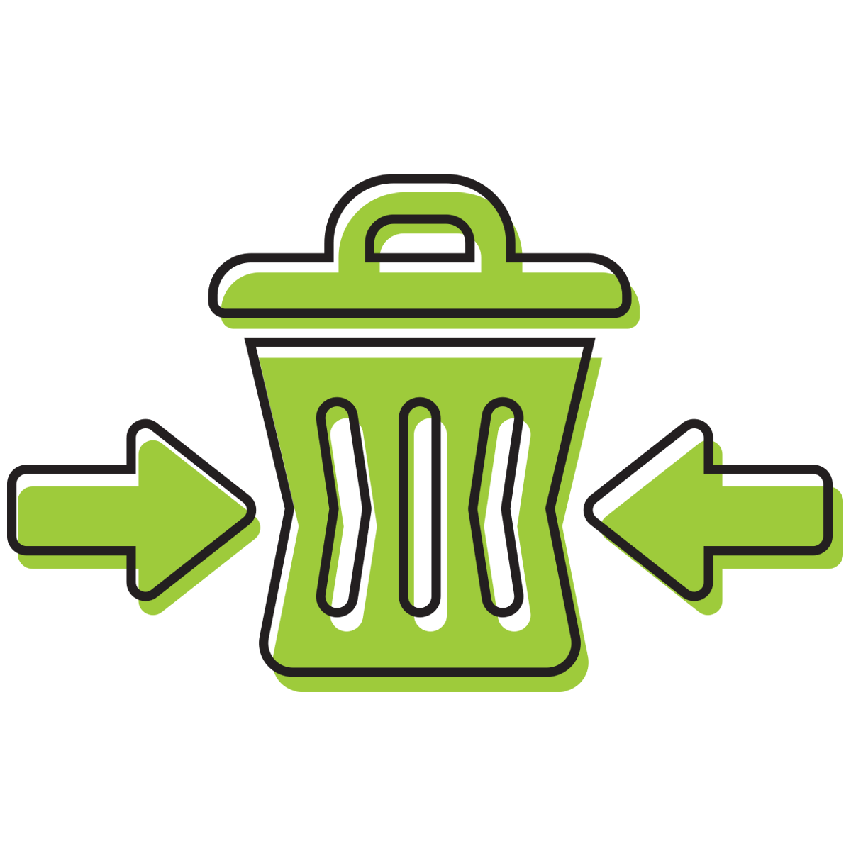 A trash can with two arrows pointing to it