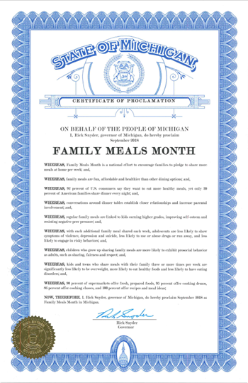 2018 Michigan Family Meals Proclamation