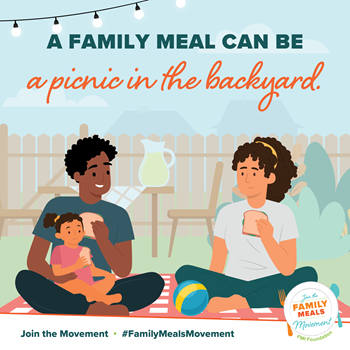 "A Family Meal Can Be a Picnic in the Backyard": Diverse family with a small child shares lemonade and sandwiches on a checkered blanket