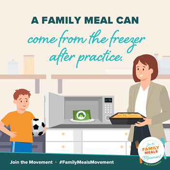 "A Family Meal Can Come from the Freezer after Practice": Single mom and kid depicted in front of an open microwave with frozen veggies, the mom is holding a casserole