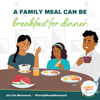 "A Family Meal Can Be Breakfast for Dinner": a Diverse family depicted with fresh fruit and different breakfasts for unique dietary needs