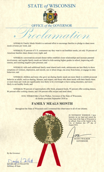 2018 Wisconsin Family Meals Proclamation