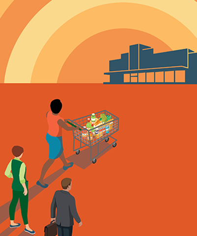 Speaks cover with people walking toward a supermarket with an orange sun behind the store.