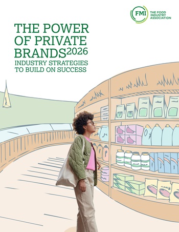 Shopper in a grocery store aisle that is created with illustrations looking at products.