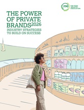 Shopper in a grocery store aisle that is created with illustrations looking at products.