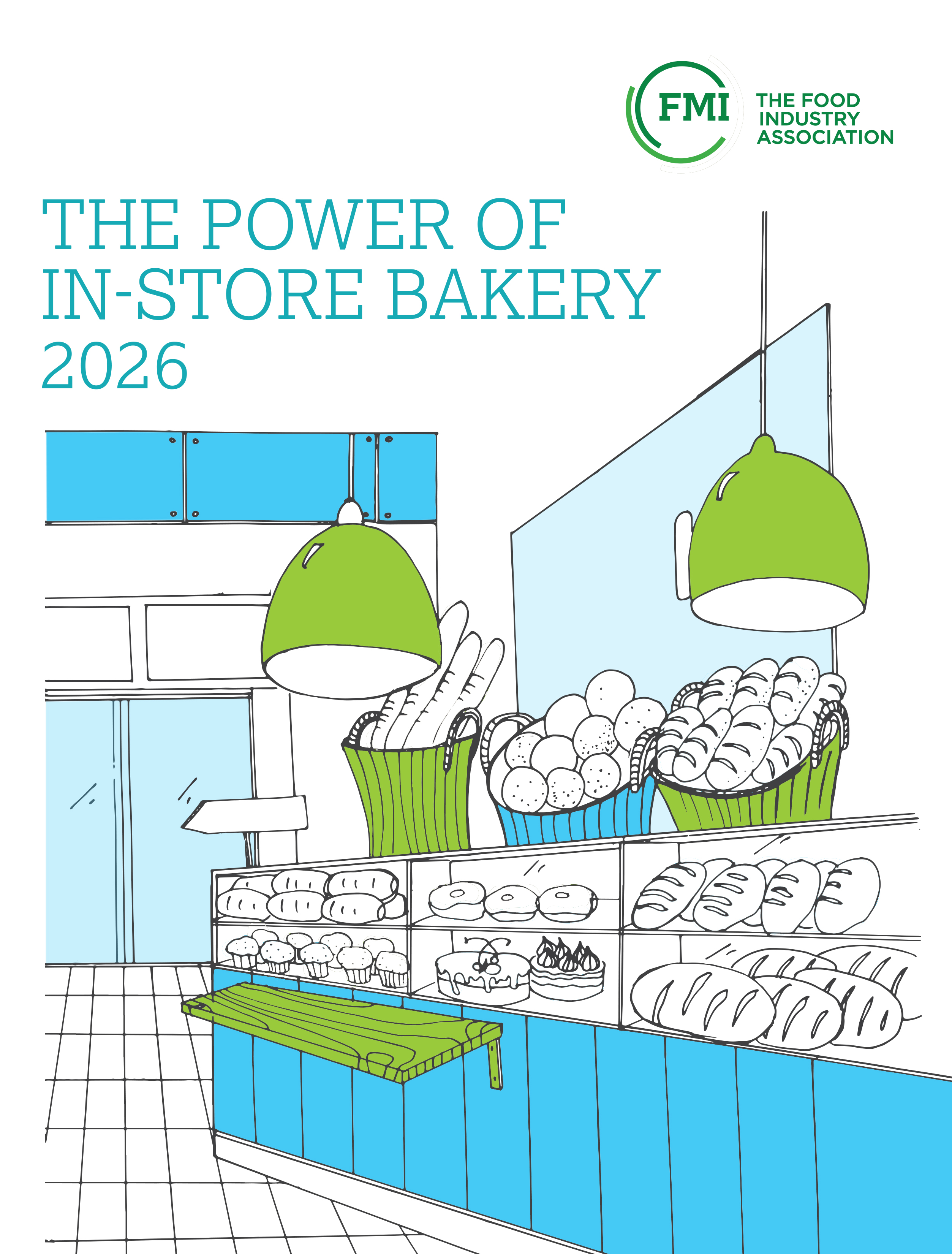Illustration of a baker in-store with green and blue accents.
