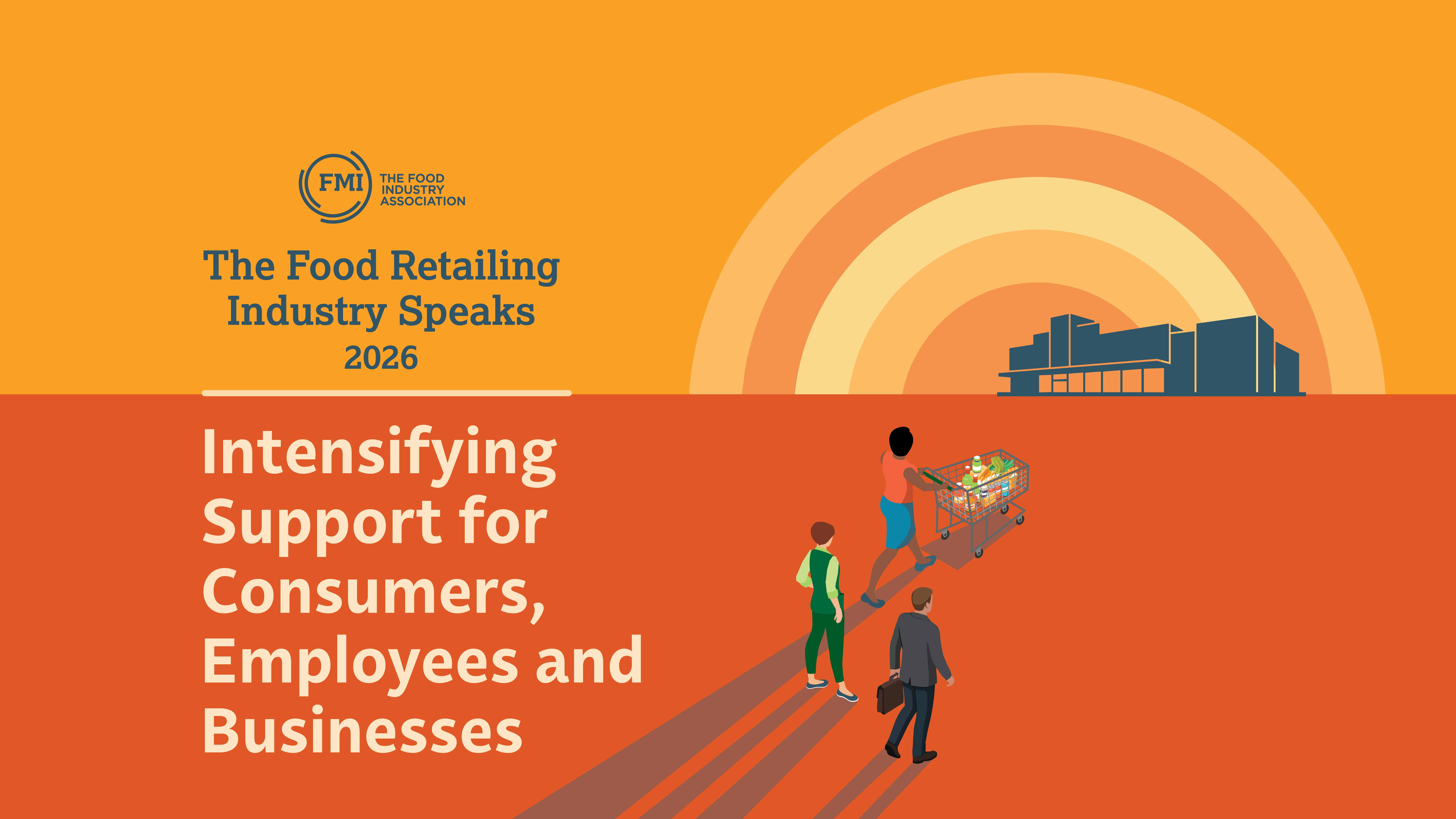 Orange cover for The Food Retailing Industry Speaks 2026 report with a sun behind a grocery store and three people walking towards the store.