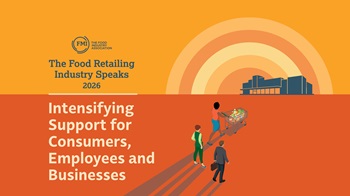 Orange cover for The Food Retailing Industry Speaks 2026 report with a sun behind a grocery store and three people walking towards the store.