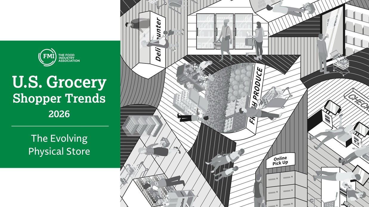 2026 U.S. Grocery Shopper Trends report cover featuring an Escher inspired grocery shopping in-store experience in black and white.
