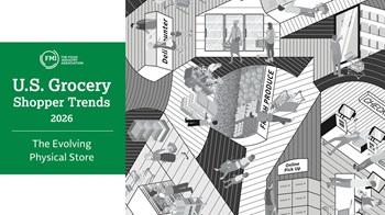 2026 U.S. Grocery Shopper Trends report cover featuring an Escher inspired grocery shopping in-store experience in black and white.