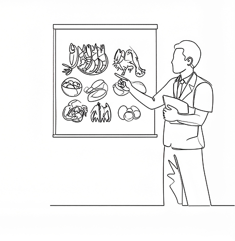 Line art of an instructor pointing to food allergen poster